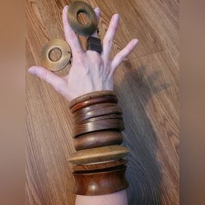 SOLD LOCALLY Wood bangles Ring Earrings beach Tiki tropical bracelet Set Vintage